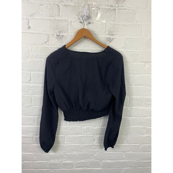 Sadie & Sage Women's Cropped Wrap Blouse Puff Sleeve Solid Black Size Medium - Picture 2 of 5